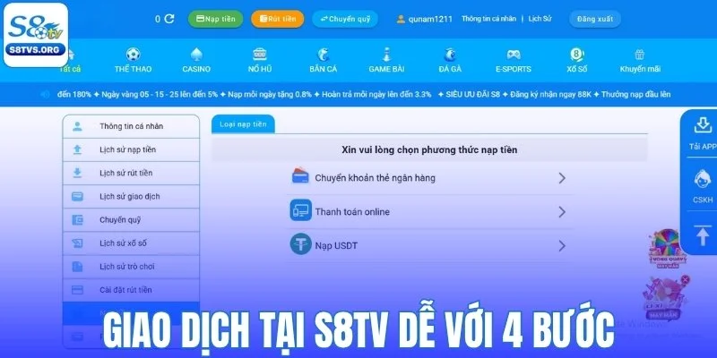 Nạp rút tại S8tv dễ như trở bàn tay với 4 bước